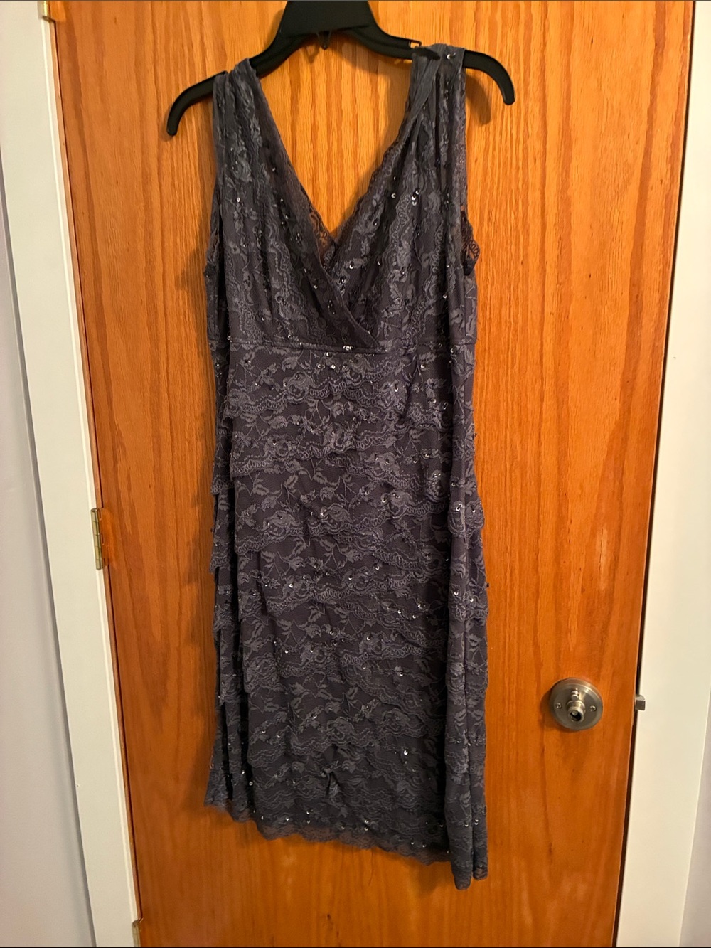 MARINA Charcoal Lace V-Neck Midi Dress with Subtle Sequin Detail
